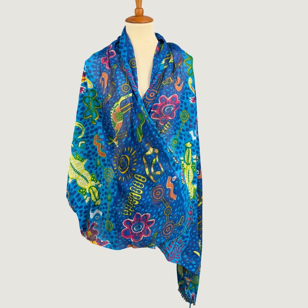 Vintage Jasmine by K.V.M. Scarf Sarong OS Blue Bright Artsy Print Beaded Cotton